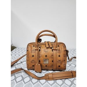 MCM Visetos Signature Leather Boston Bag Cognac